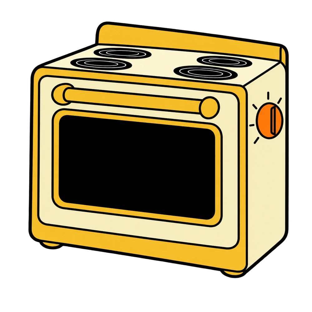 A cartoon oven with the buy-back progress showing on its door